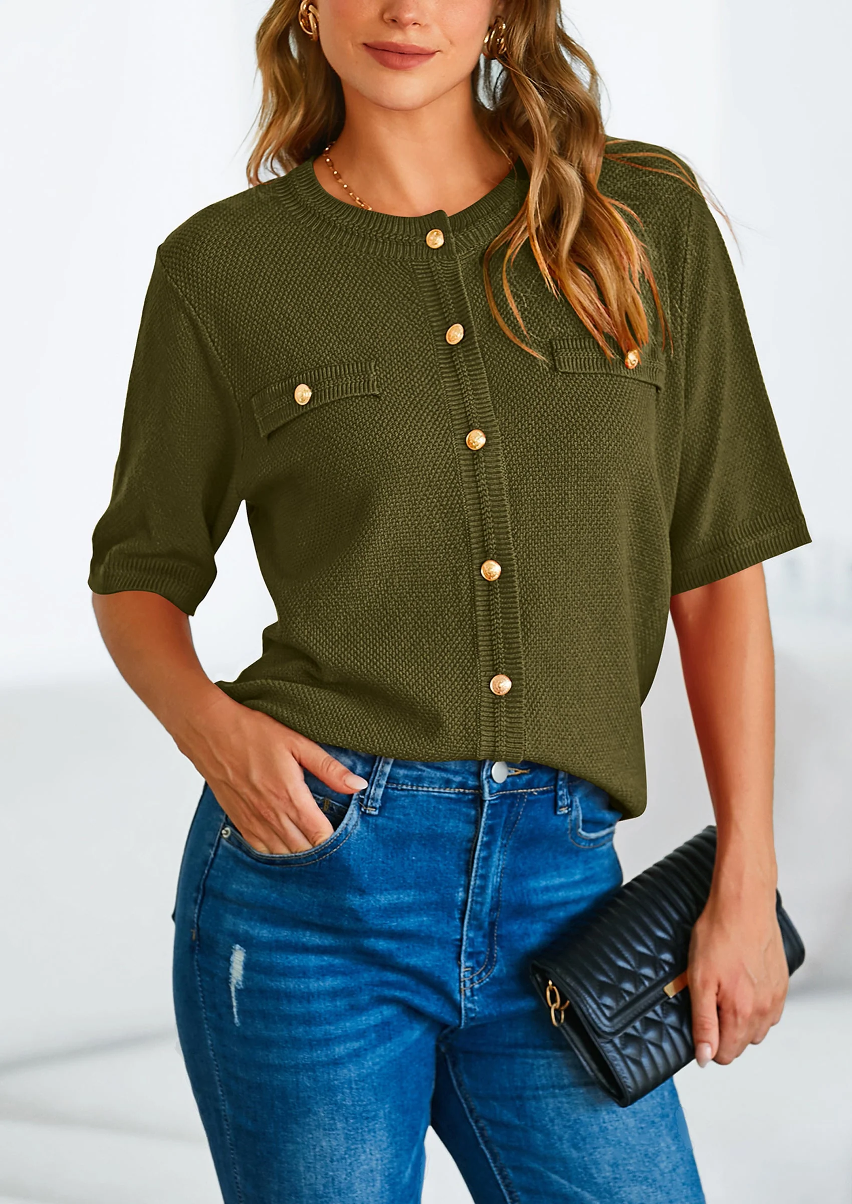 PRETTYGARDEN Women's Summer Button Down Shirts Casual Short Sleeve Crew Neck Ribbed Knit Blouse Top Cardigans - Image 40