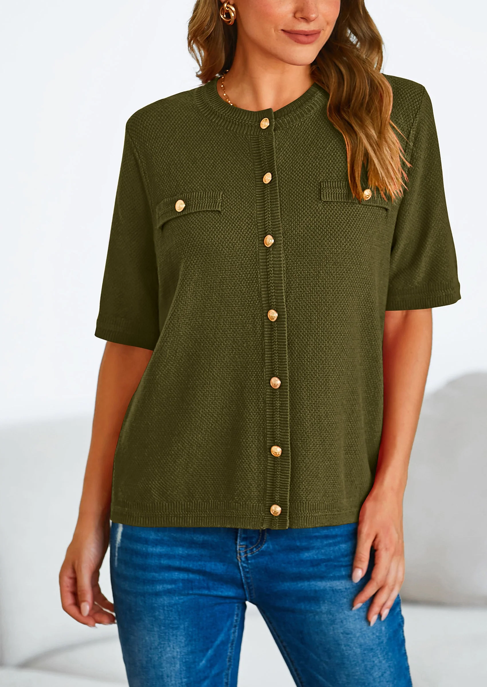 PRETTYGARDEN Women's Summer Button Down Shirts Casual Short Sleeve Crew Neck Ribbed Knit Blouse Top Cardigans - Image 41