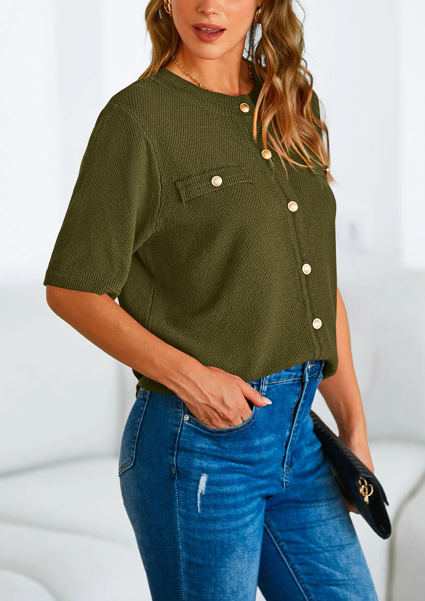 PRETTYGARDEN Women's Summer Button Down Shirts Casual Short Sleeve Crew Neck Ribbed Knit Blouse Top Cardigans - Image 42