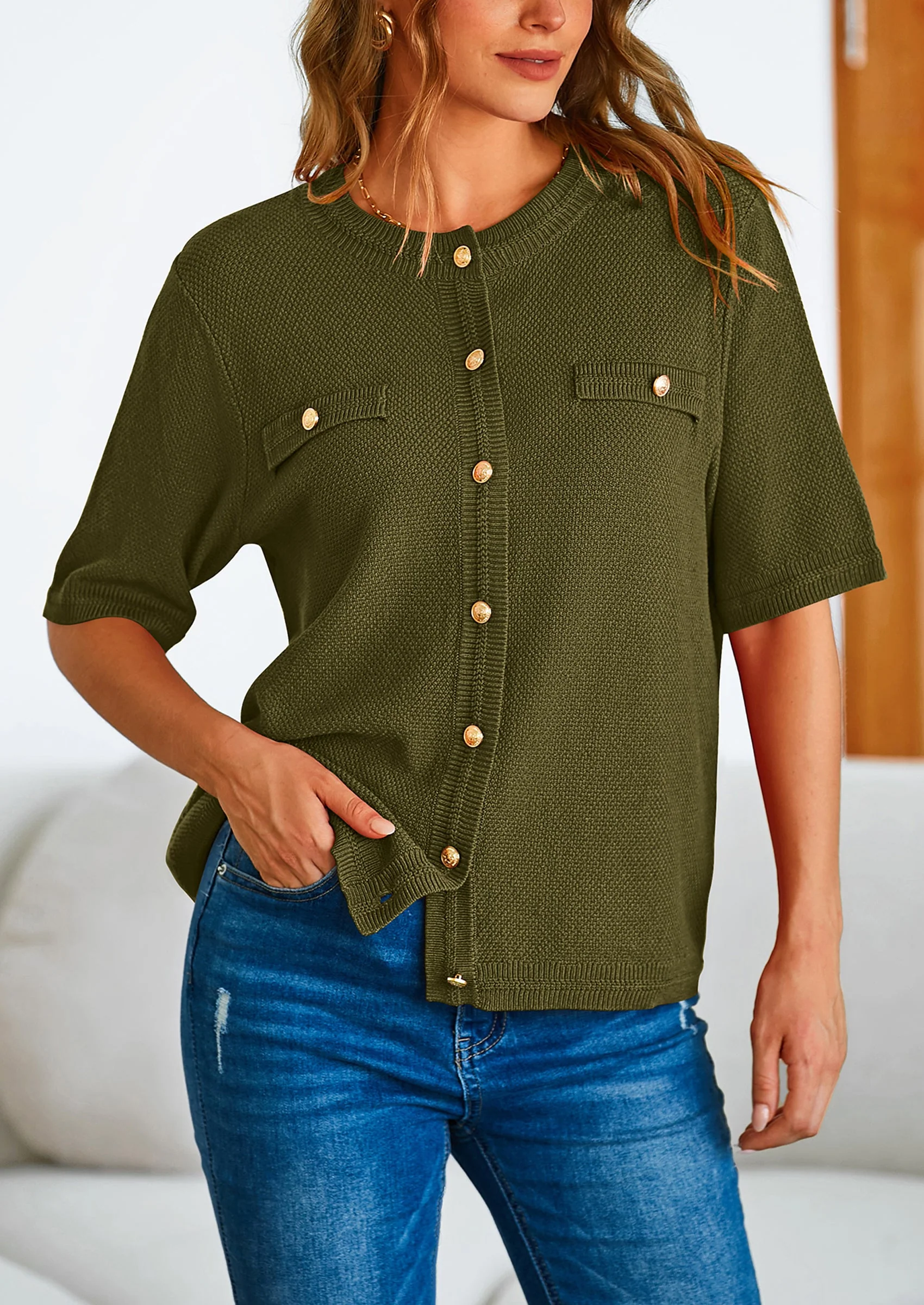 PRETTYGARDEN Women's Summer Button Down Shirts Casual Short Sleeve Crew Neck Ribbed Knit Blouse Top Cardigans - Image 43