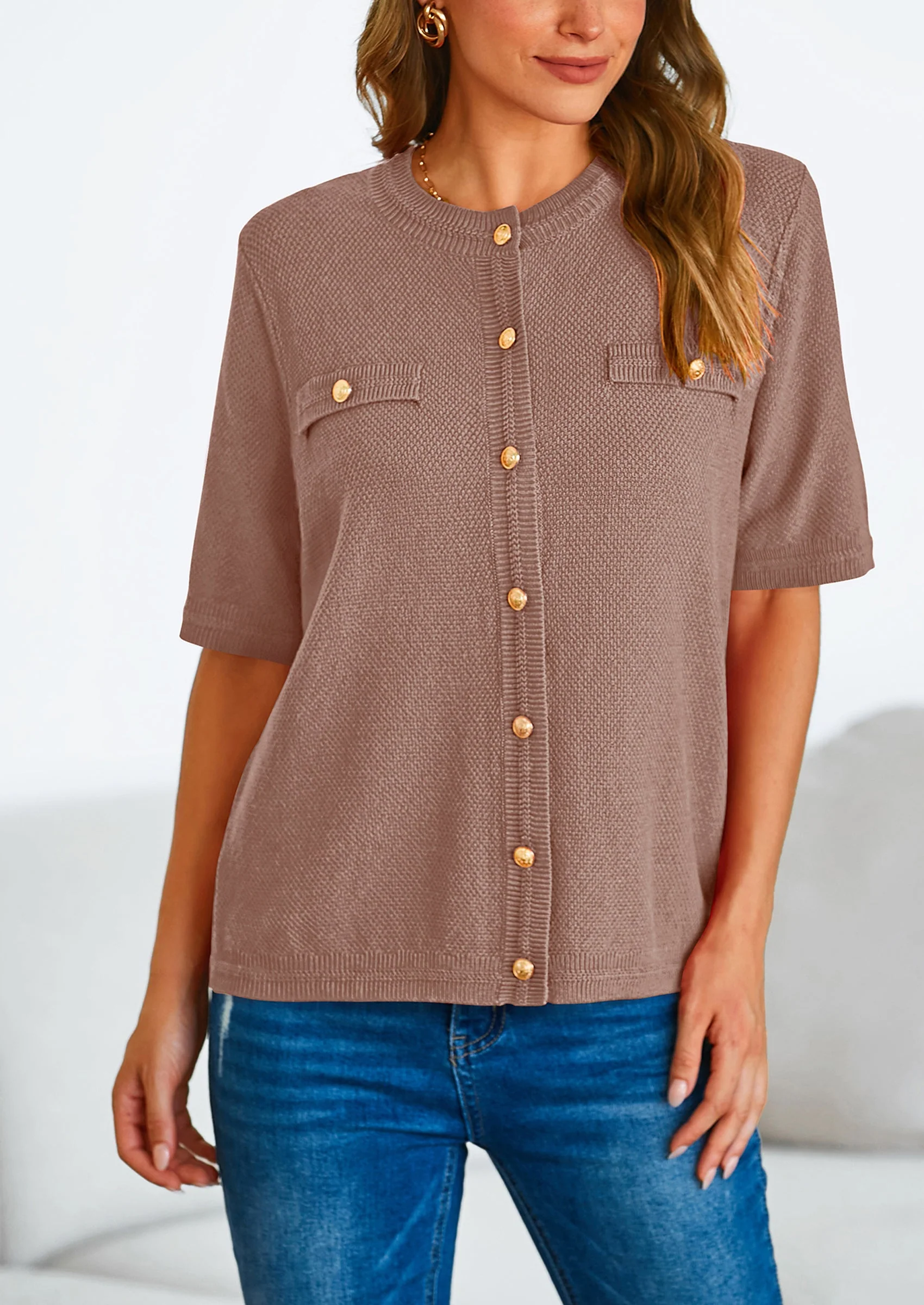 PRETTYGARDEN Women's Summer Button Down Shirts Casual Short Sleeve Crew Neck Ribbed Knit Blouse Top Cardigans - Image 47