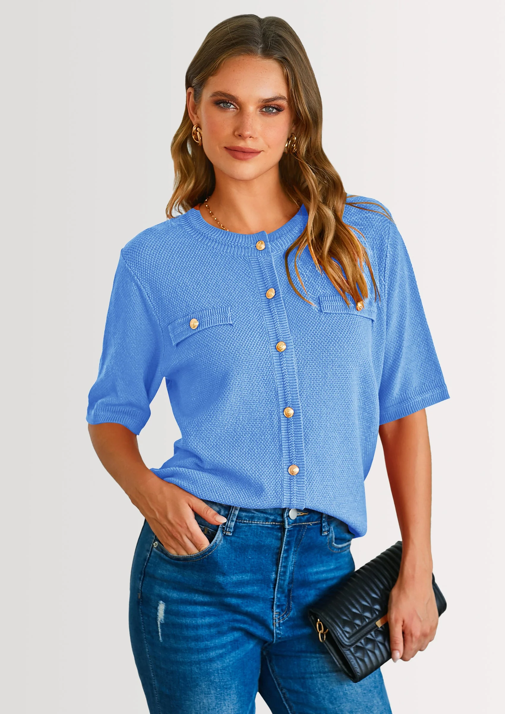 PRETTYGARDEN Women's Summer Button Down Shirts Casual Short Sleeve Crew Neck Ribbed Knit Blouse Top Cardigans - Image 50