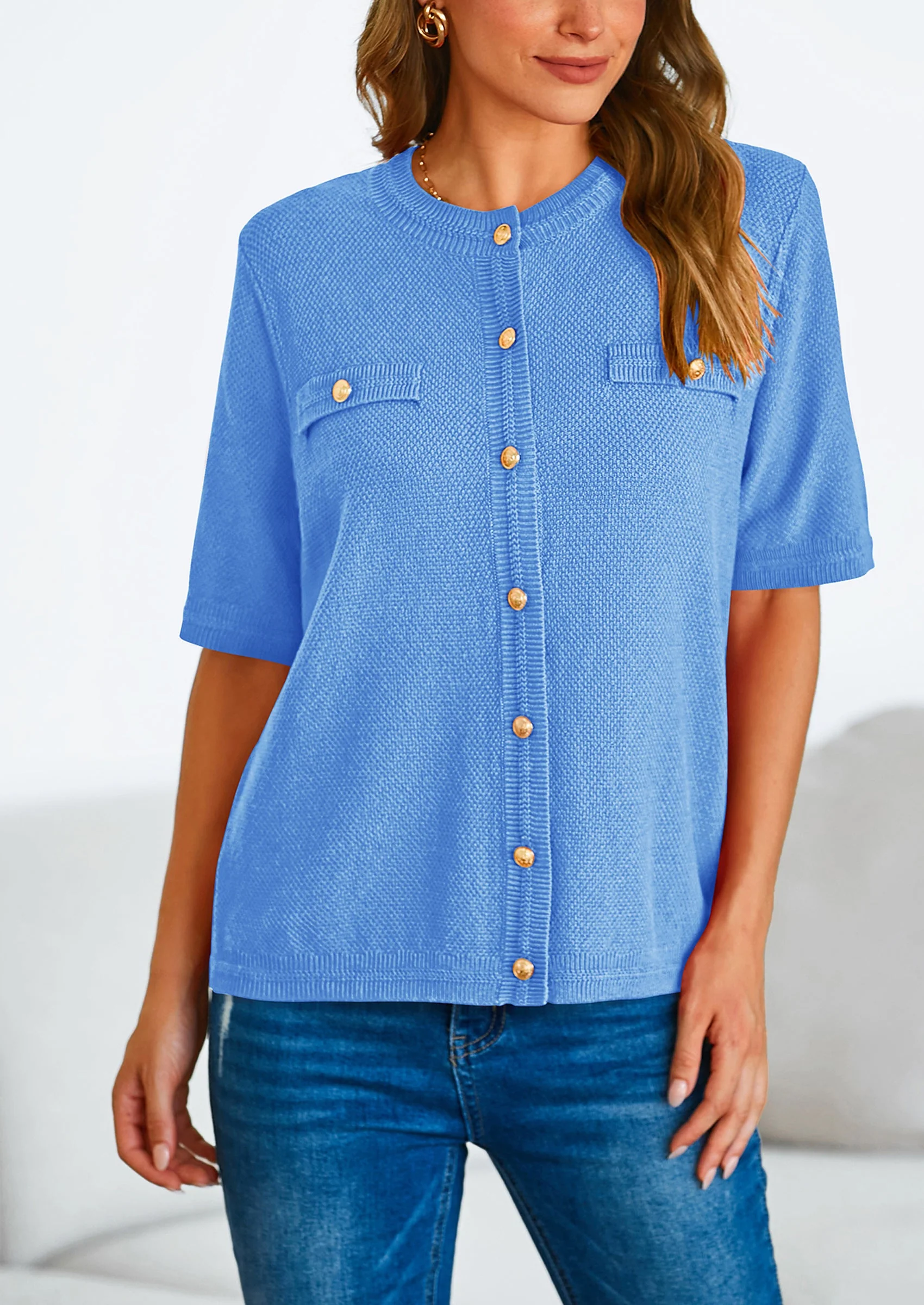 PRETTYGARDEN Women's Summer Button Down Shirts Casual Short Sleeve Crew Neck Ribbed Knit Blouse Top Cardigans - Image 53