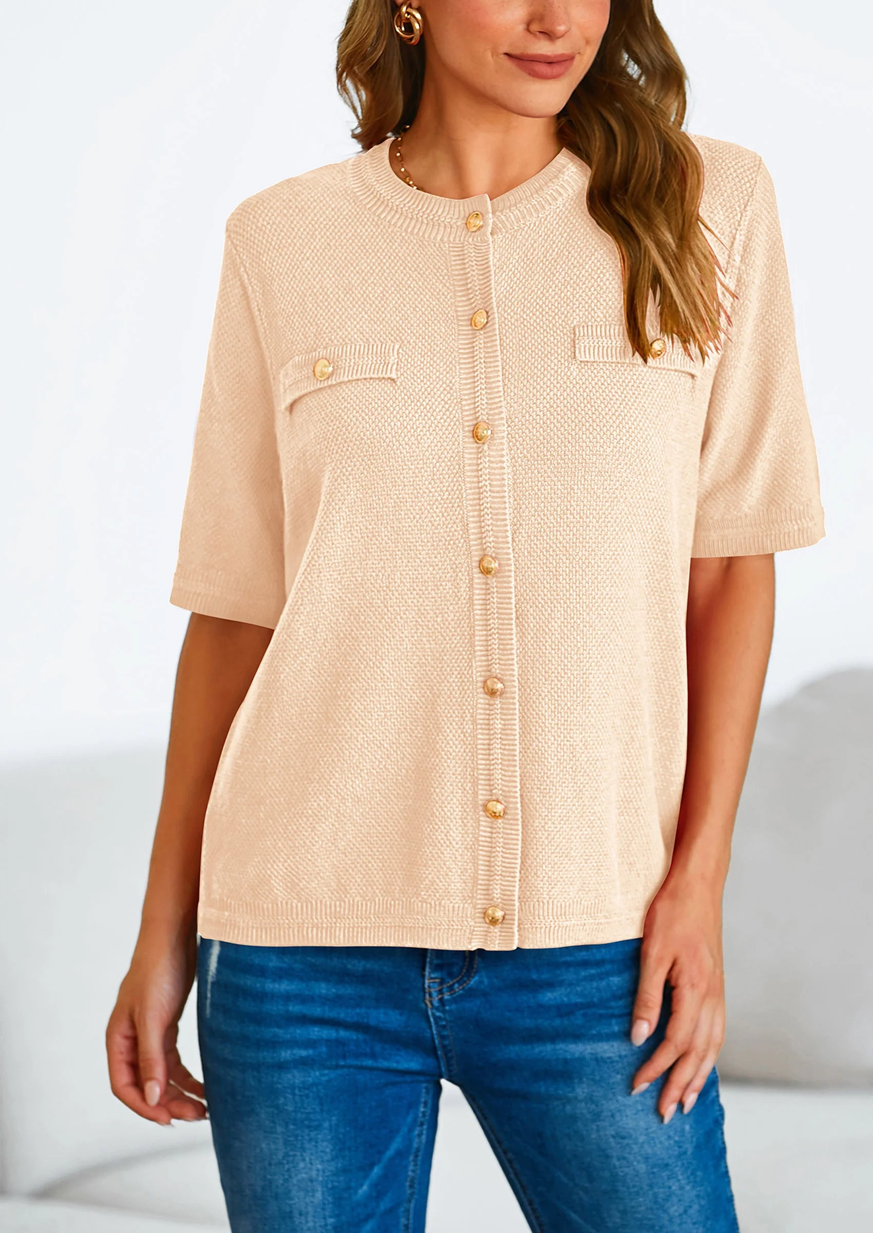 PRETTYGARDEN Women's Summer Button Down Shirts Casual Short Sleeve Crew Neck Ribbed Knit Blouse Top Cardigans - Image 59