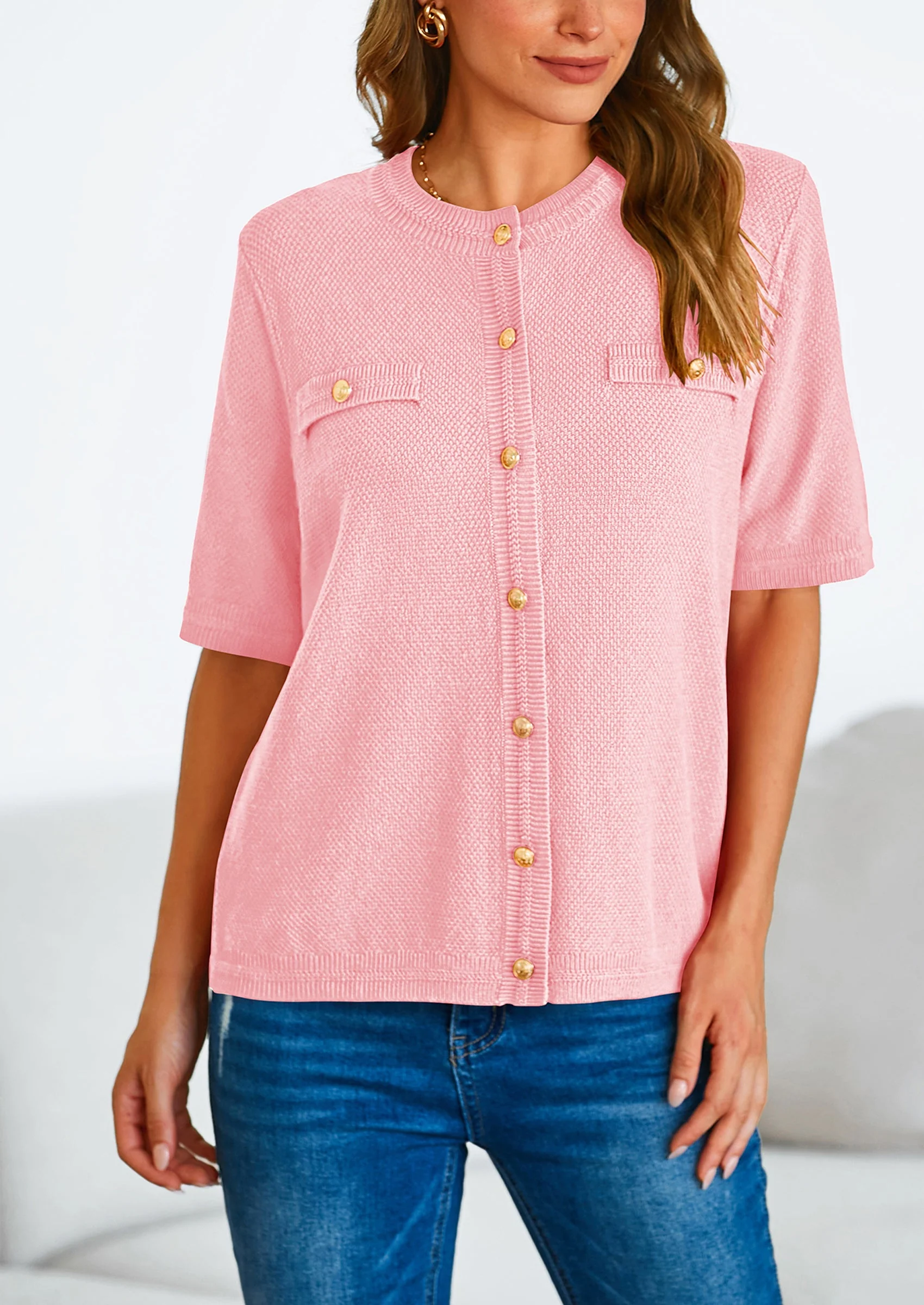 PRETTYGARDEN Women's Summer Button Down Shirts Casual Short Sleeve Crew Neck Ribbed Knit Blouse Top Cardigans - Image 65