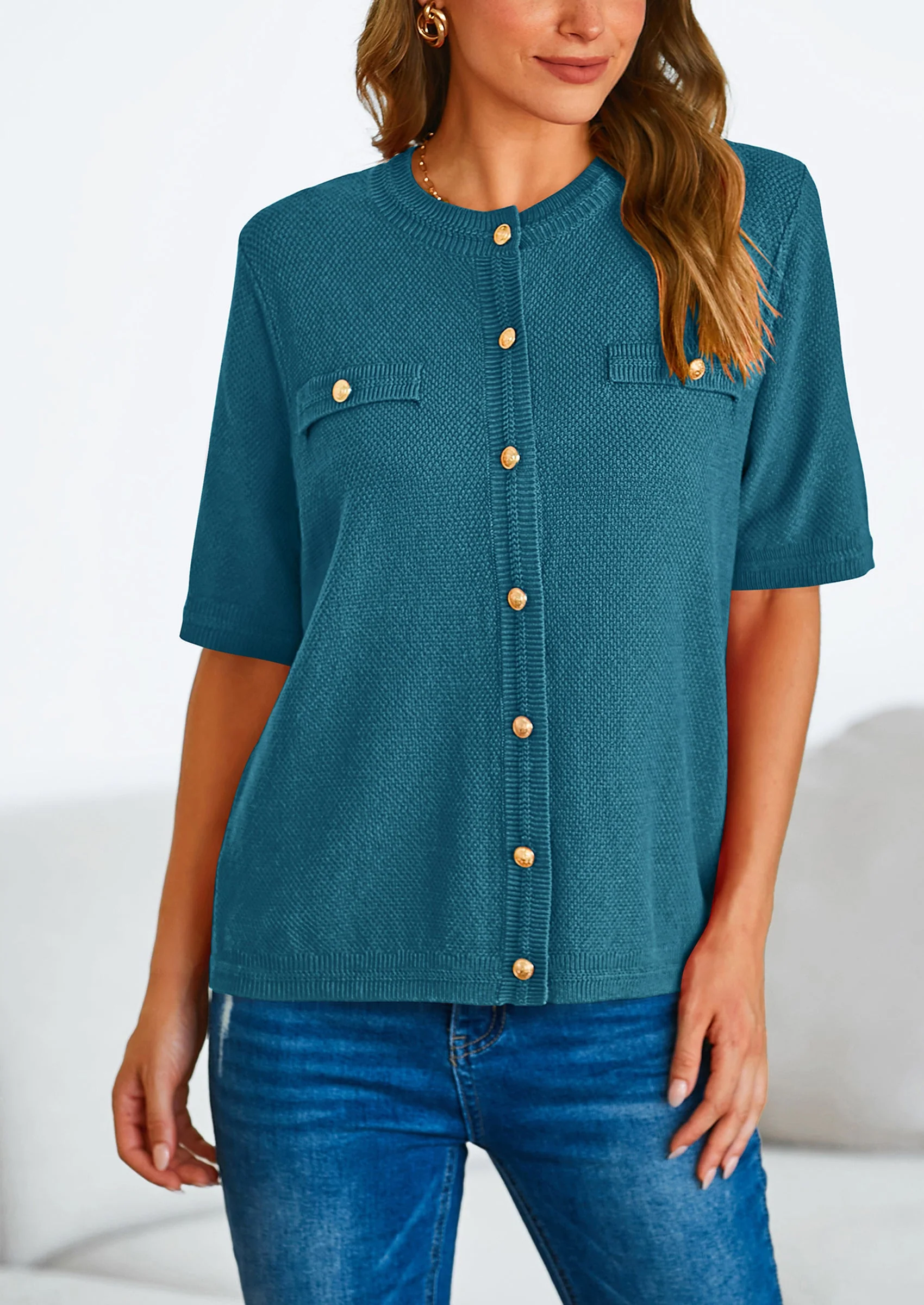 PRETTYGARDEN Women's Summer Button Down Shirts Casual Short Sleeve Crew Neck Ribbed Knit Blouse Top Cardigans - Image 71