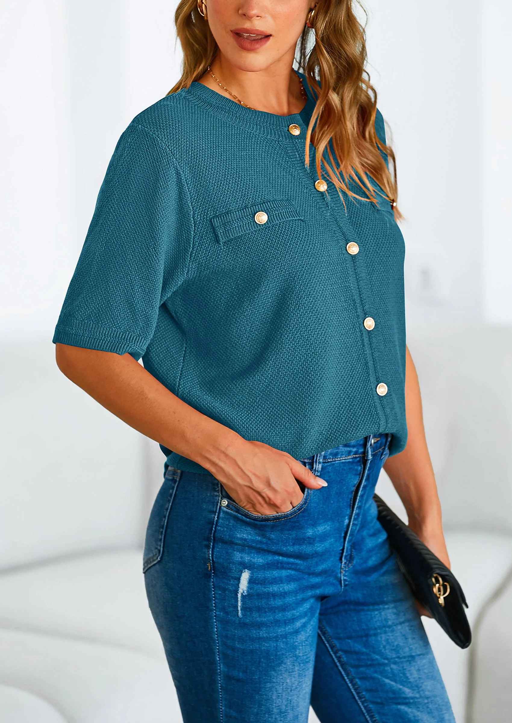 PRETTYGARDEN Women's Summer Button Down Shirts Casual Short Sleeve Crew Neck Ribbed Knit Blouse Top Cardigans - Image 72