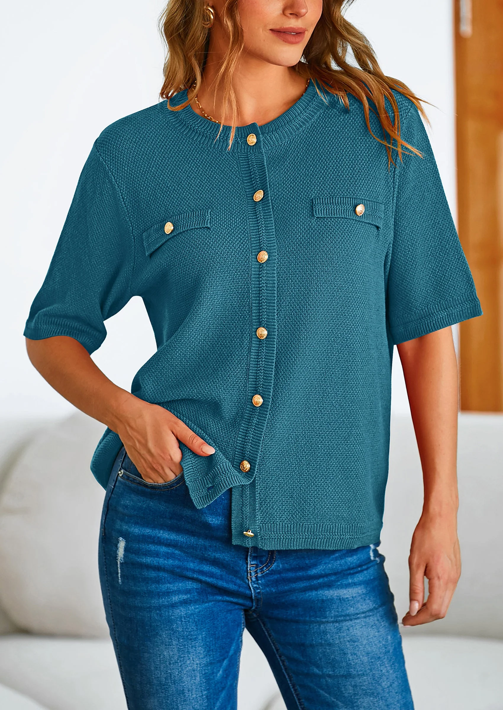 PRETTYGARDEN Women's Summer Button Down Shirts Casual Short Sleeve Crew Neck Ribbed Knit Blouse Top Cardigans - Image 73