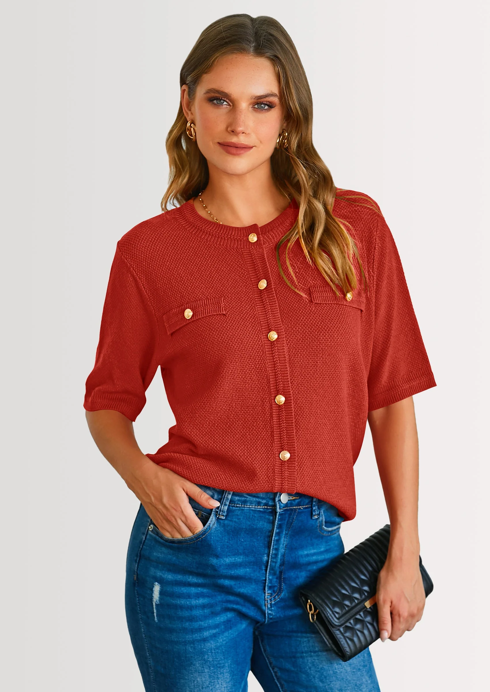 PRETTYGARDEN Women's Summer Button Down Shirts Casual Short Sleeve Crew Neck Ribbed Knit Blouse Top Cardigans - Image 74