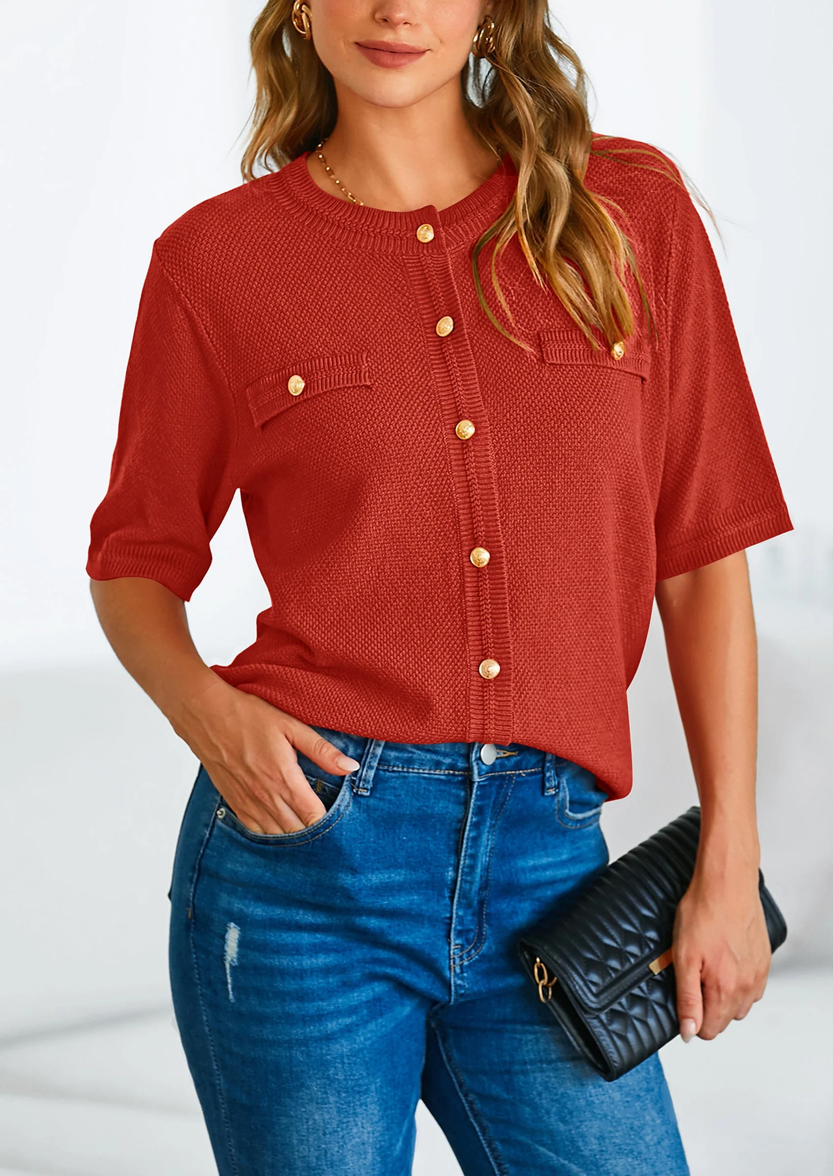 PRETTYGARDEN Women's Summer Button Down Shirts Casual Short Sleeve Crew Neck Ribbed Knit Blouse Top Cardigans - Image 76