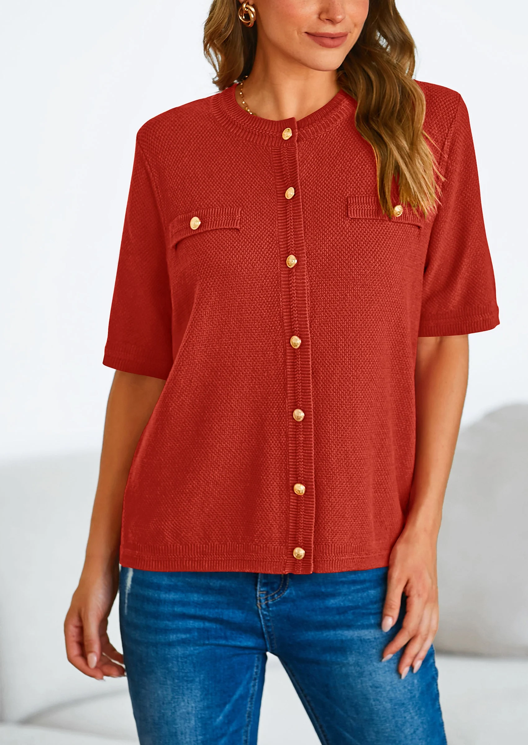 PRETTYGARDEN Women's Summer Button Down Shirts Casual Short Sleeve Crew Neck Ribbed Knit Blouse Top Cardigans - Image 77