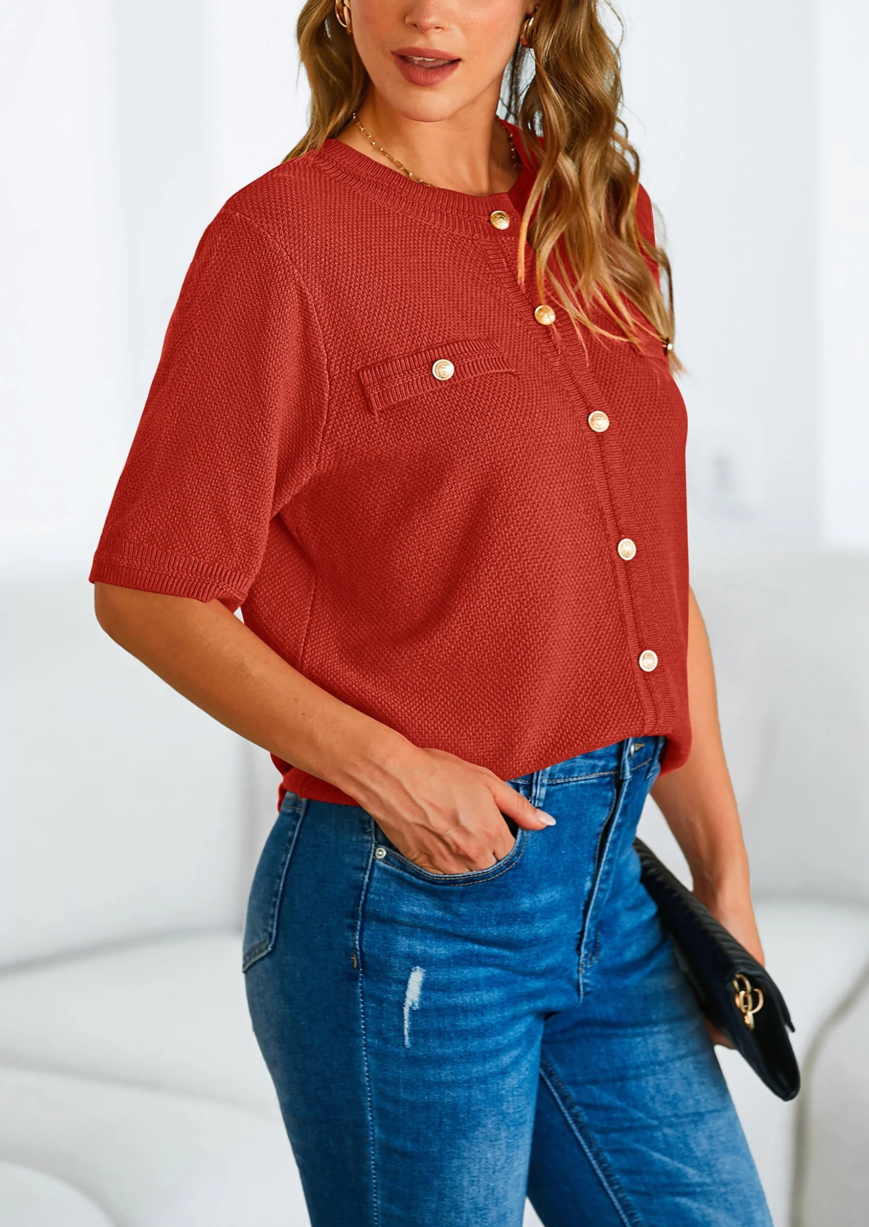 PRETTYGARDEN Women's Summer Button Down Shirts Casual Short Sleeve Crew Neck Ribbed Knit Blouse Top Cardigans - Image 78