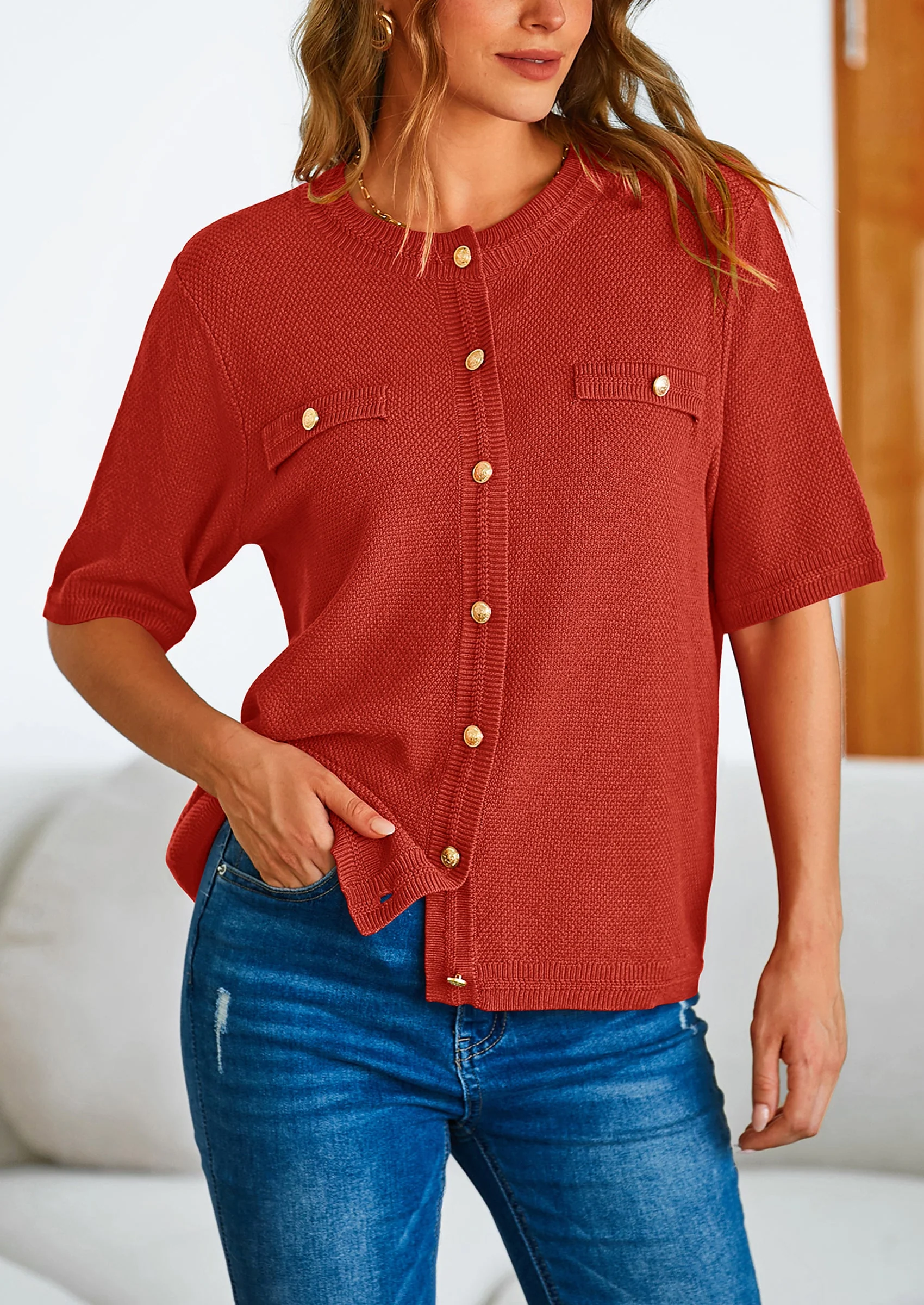 PRETTYGARDEN Women's Summer Button Down Shirts Casual Short Sleeve Crew Neck Ribbed Knit Blouse Top Cardigans - Image 79