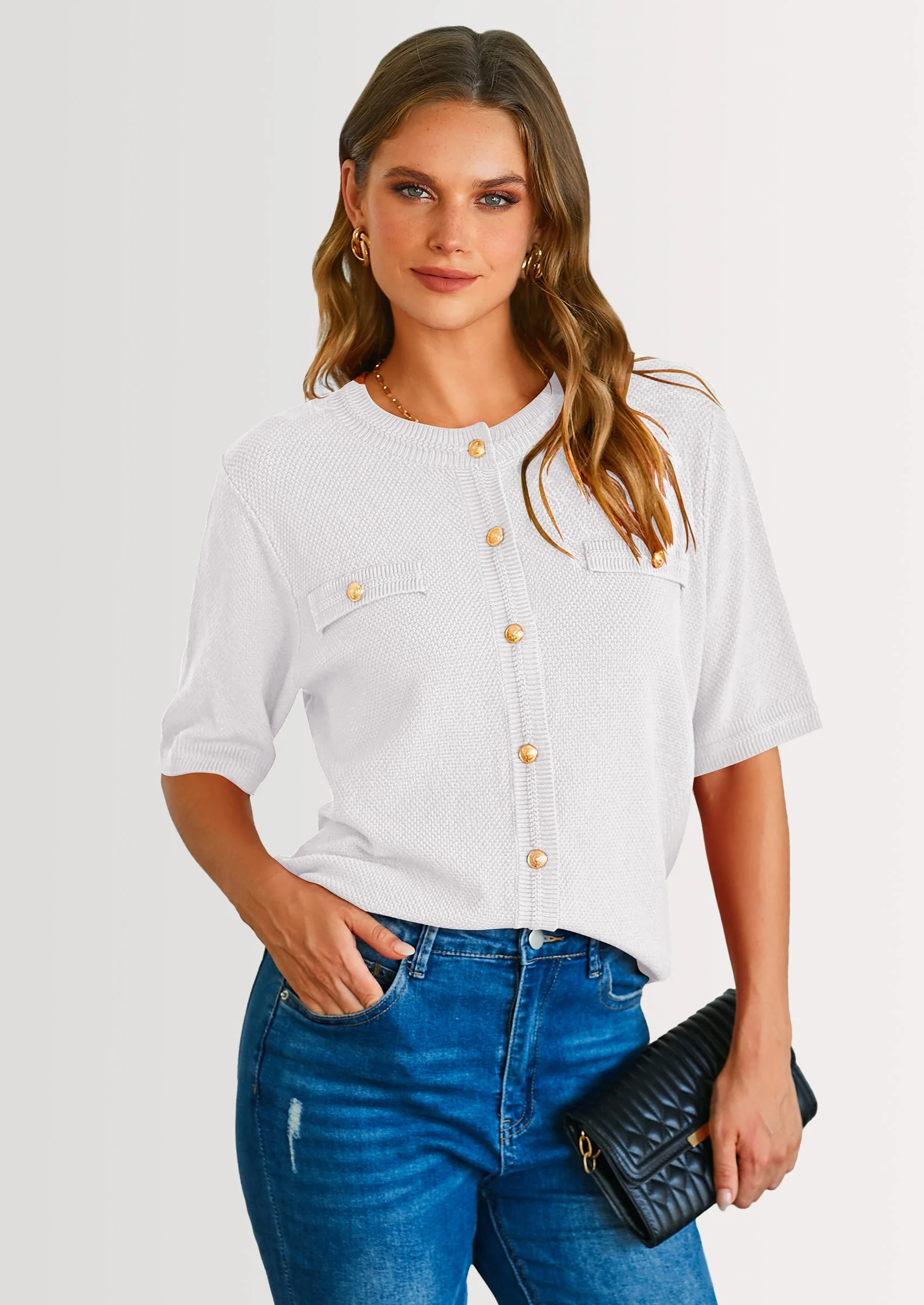 PRETTYGARDEN Women's Summer Button Down Shirts Casual Short Sleeve Crew Neck Ribbed Knit Blouse Top Cardigans - Image 8