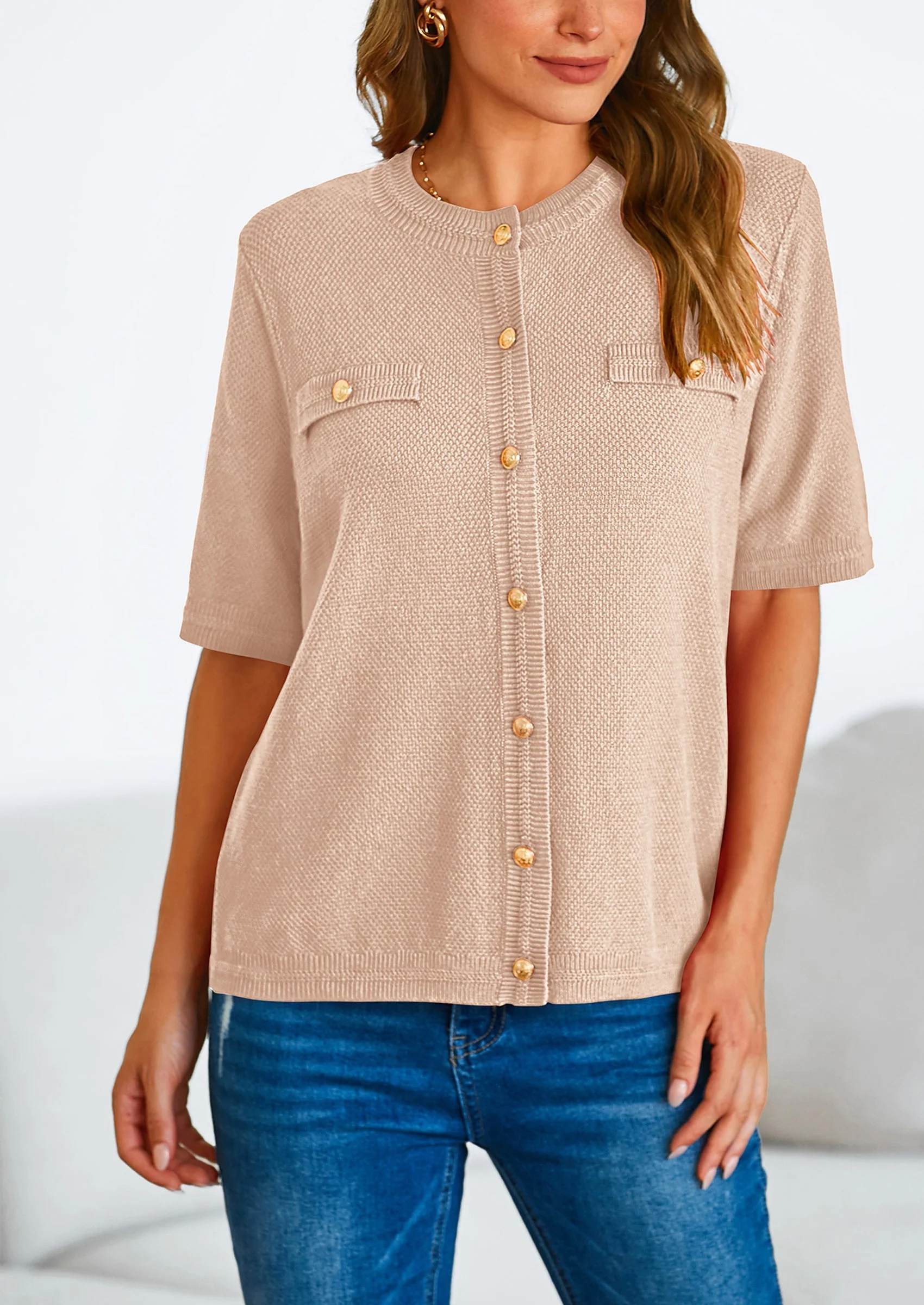 PRETTYGARDEN Women's Summer Button Down Shirts Casual Short Sleeve Crew Neck Ribbed Knit Blouse Top Cardigans - Image 83