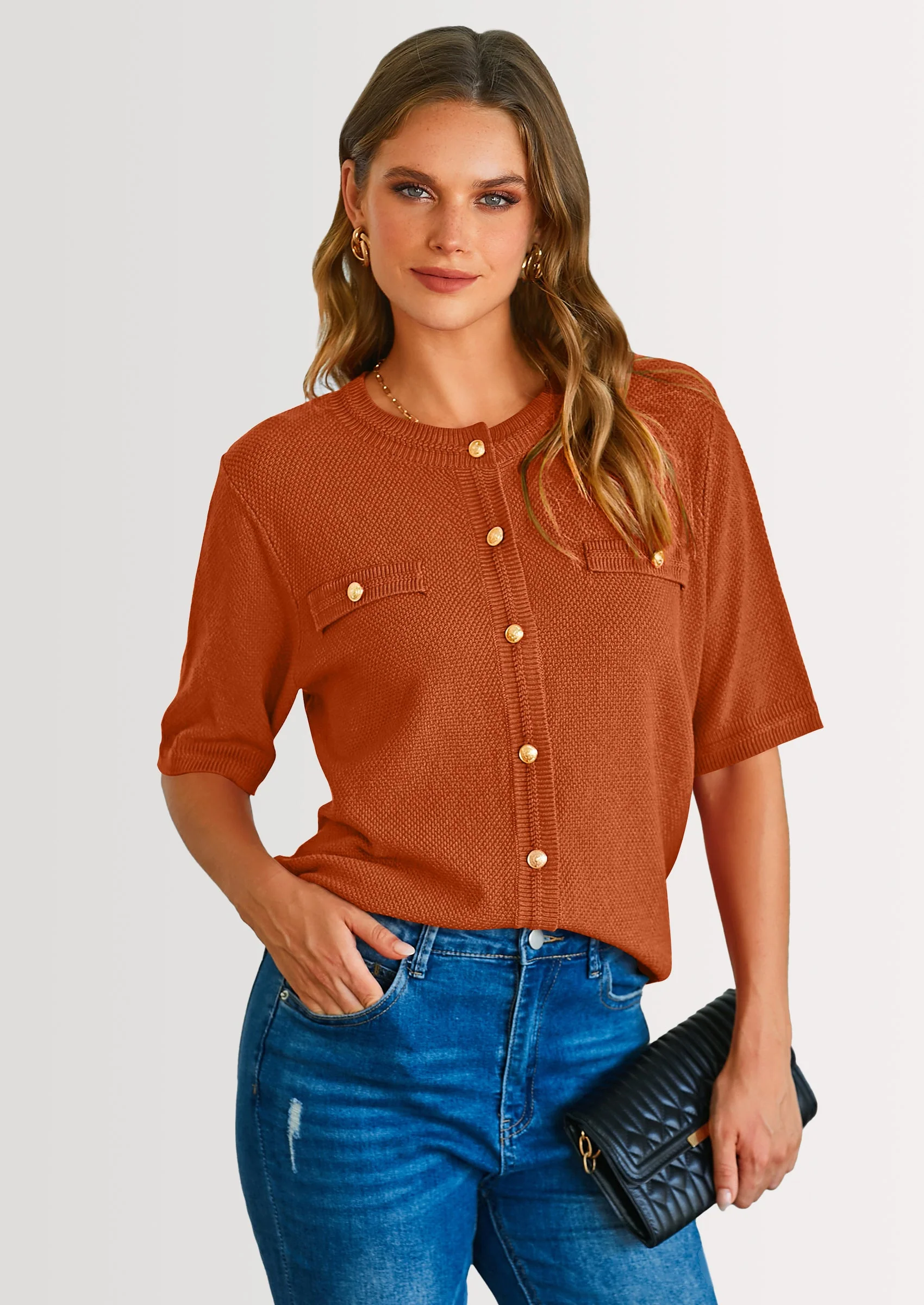 PRETTYGARDEN Women's Summer Button Down Shirts Casual Short Sleeve Crew Neck Ribbed Knit Blouse Top Cardigans - Image 86