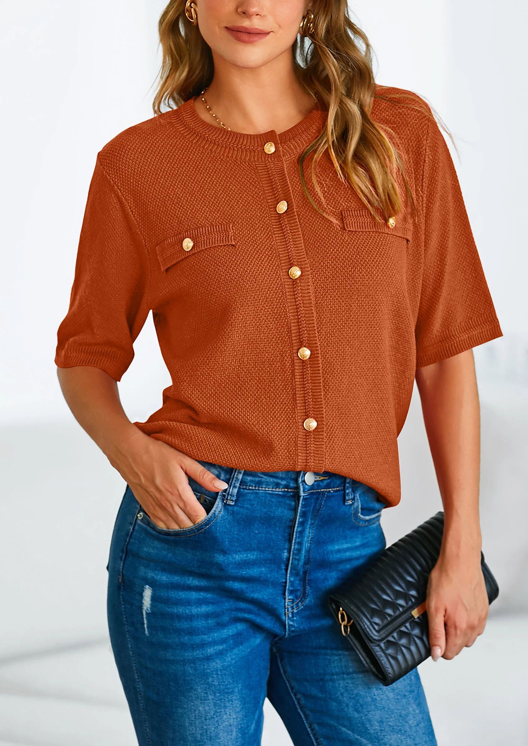 PRETTYGARDEN Women's Summer Button Down Shirts Casual Short Sleeve Crew Neck Ribbed Knit Blouse Top Cardigans - Image 88