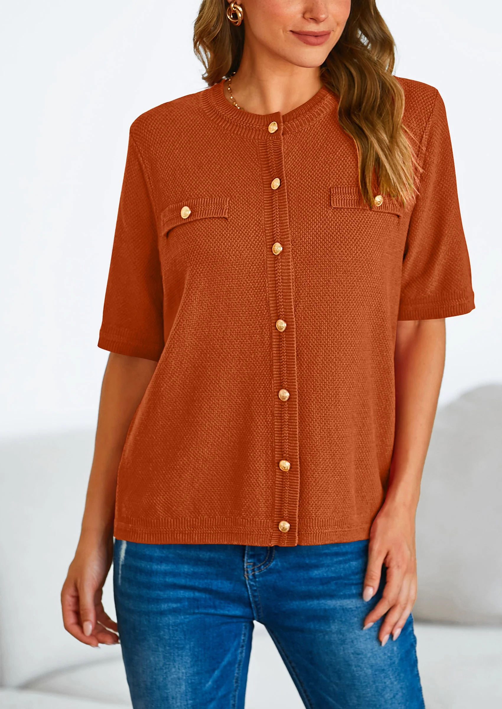 PRETTYGARDEN Women's Summer Button Down Shirts Casual Short Sleeve Crew Neck Ribbed Knit Blouse Top Cardigans - Image 89