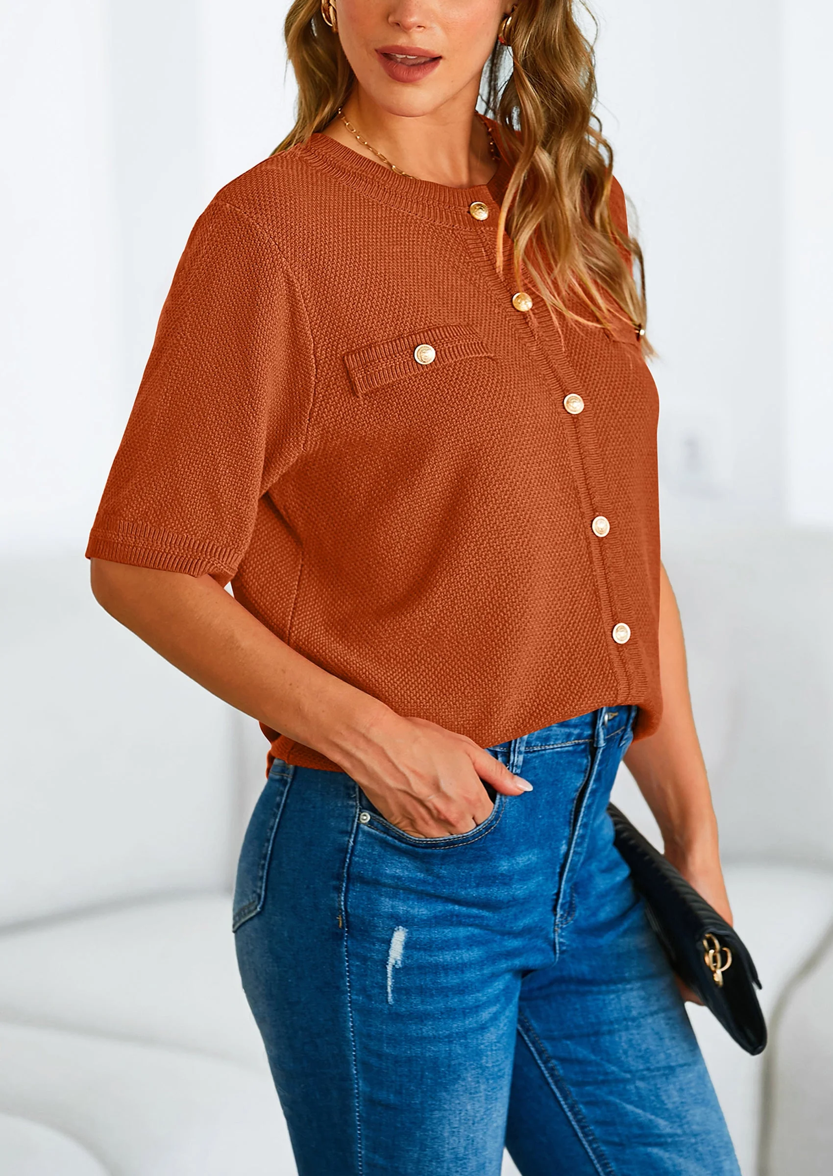 PRETTYGARDEN Women's Summer Button Down Shirts Casual Short Sleeve Crew Neck Ribbed Knit Blouse Top Cardigans - Image 90