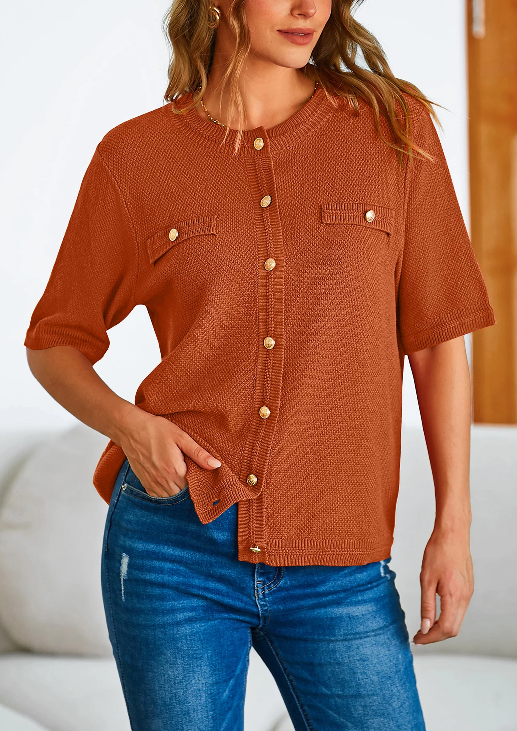 PRETTYGARDEN Women's Summer Button Down Shirts Casual Short Sleeve Crew Neck Ribbed Knit Blouse Top Cardigans - Image 91