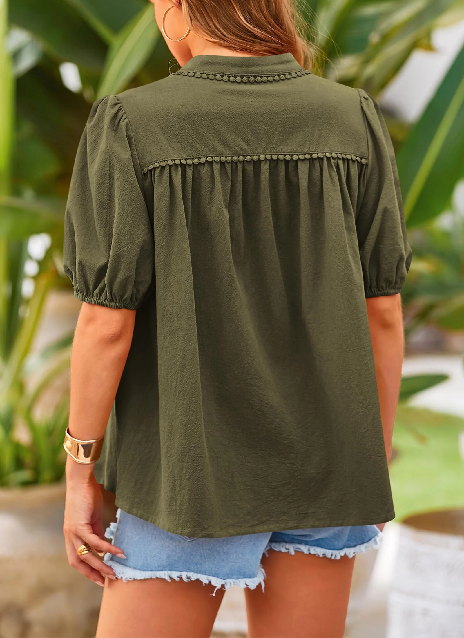 PRETTYGARDEN Women's Summer Tops Button Down Shirts Short Lantern Sleeve V Neck Cotton Cute Dressy Casual Blouses - Image 10