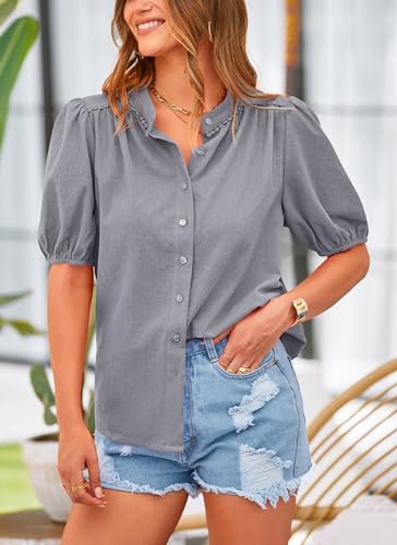 PRETTYGARDEN Women's Summer Tops Button Down Shirts Short Lantern Sleeve V Neck Cotton Cute Dressy Casual Blouses - Image 101