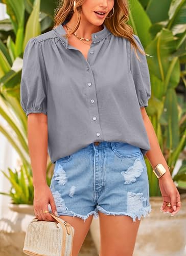 PRETTYGARDEN Women's Summer Tops Button Down Shirts Short Lantern Sleeve V Neck Cotton Cute Dressy Casual Blouses - Image 102