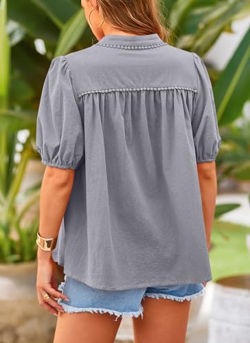 PRETTYGARDEN Women's Summer Tops Button Down Shirts Short Lantern Sleeve V Neck Cotton Cute Dressy Casual Blouses - Image 103