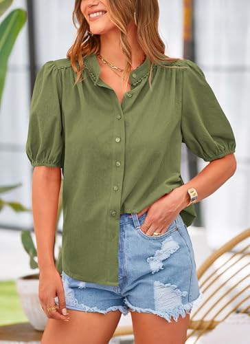 PRETTYGARDEN Women's Summer Tops Button Down Shirts Short Lantern Sleeve V Neck Cotton Cute Dressy Casual Blouses - Image 106