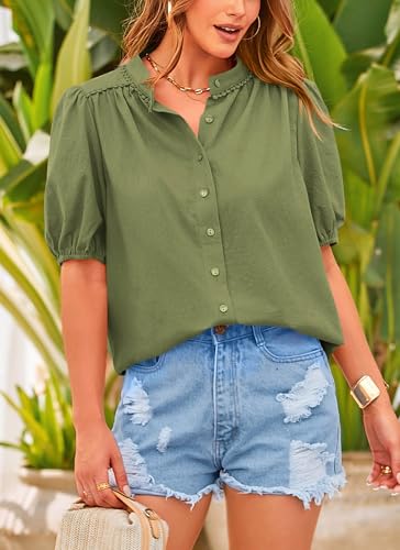 PRETTYGARDEN Women's Summer Tops Button Down Shirts Short Lantern Sleeve V Neck Cotton Cute Dressy Casual Blouses - Image 107