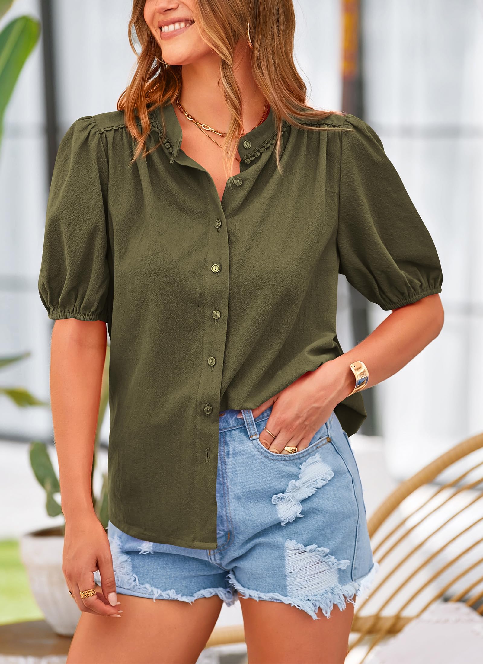 PRETTYGARDEN Women's Summer Tops Button Down Shirts Short Lantern Sleeve V Neck Cotton Cute Dressy Casual Blouses - Image 11