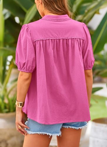 PRETTYGARDEN Women's Summer Tops Button Down Shirts Short Lantern Sleeve V Neck Cotton Cute Dressy Casual Blouses - Image 111