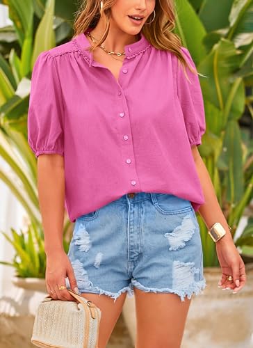 PRETTYGARDEN Women's Summer Tops Button Down Shirts Short Lantern Sleeve V Neck Cotton Cute Dressy Casual Blouses - Image 112