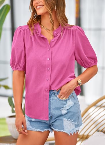 PRETTYGARDEN Women's Summer Tops Button Down Shirts Short Lantern Sleeve V Neck Cotton Cute Dressy Casual Blouses - Image 113