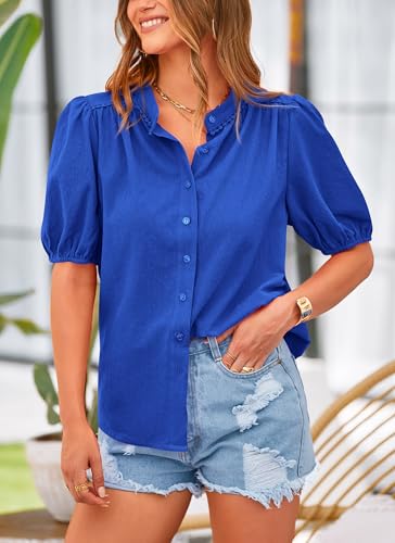 PRETTYGARDEN Women's Summer Tops Button Down Shirts Short Lantern Sleeve V Neck Cotton Cute Dressy Casual Blouses - Image 118