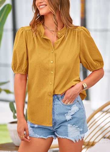 PRETTYGARDEN Women's Summer Tops Button Down Shirts Short Lantern Sleeve V Neck Cotton Cute Dressy Casual Blouses - Image 119