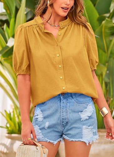 PRETTYGARDEN Women's Summer Tops Button Down Shirts Short Lantern Sleeve V Neck Cotton Cute Dressy Casual Blouses - Image 122