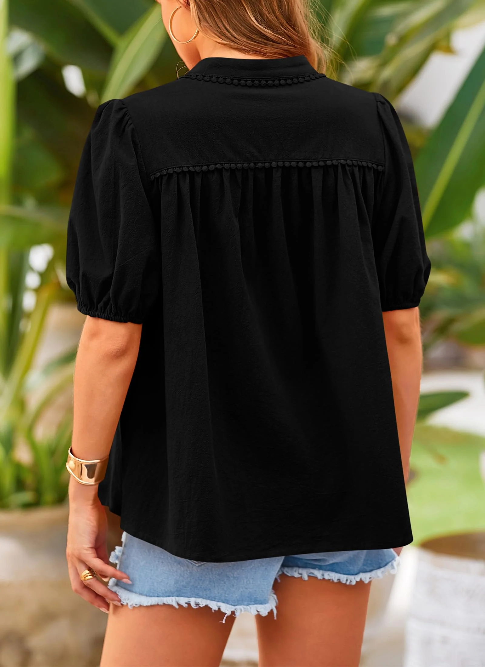 PRETTYGARDEN Women's Summer Tops Button Down Shirts Short Lantern Sleeve V Neck Cotton Cute Dressy Casual Blouses - Image 16