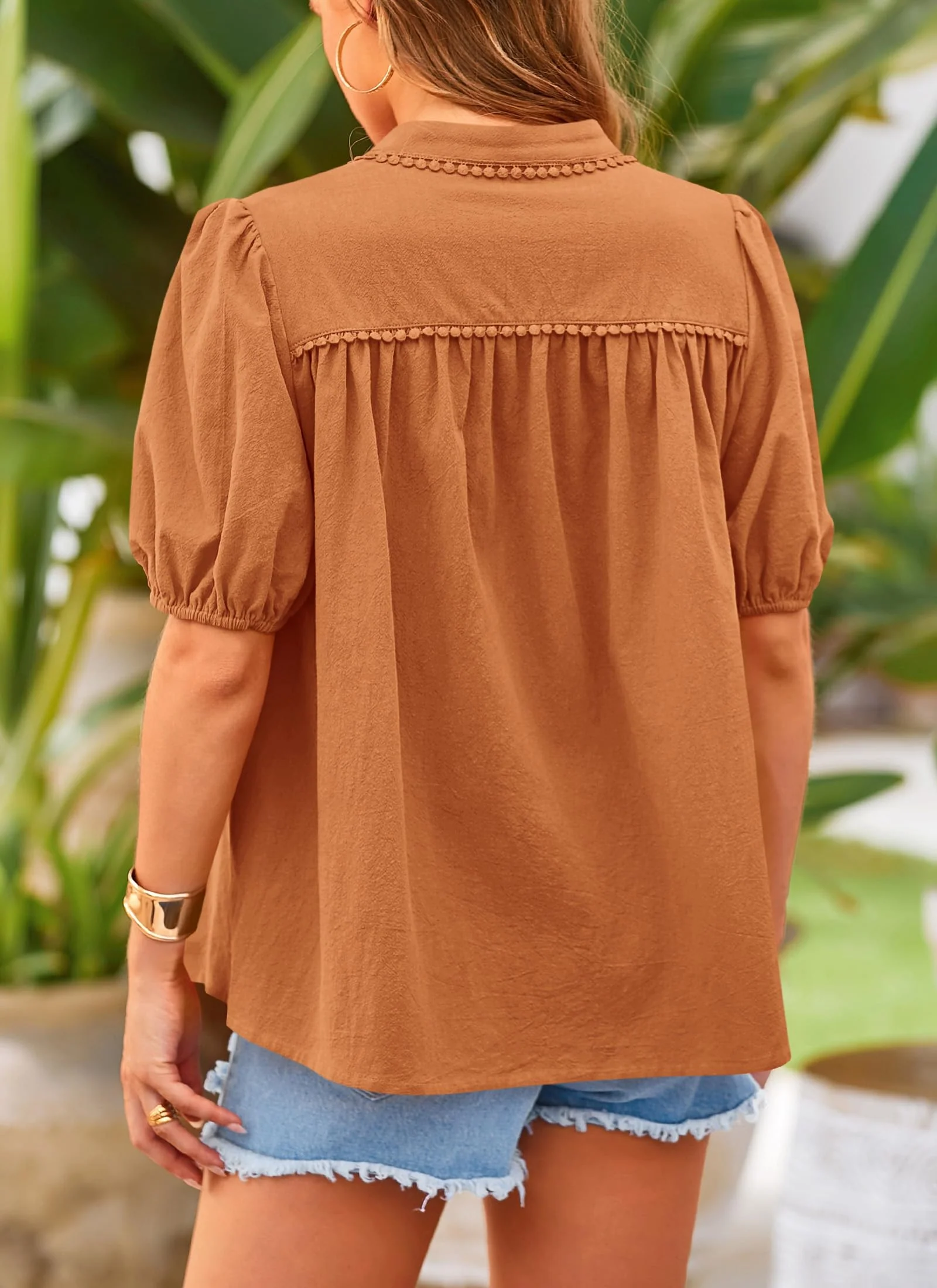 PRETTYGARDEN Women's Summer Tops Button Down Shirts Short Lantern Sleeve V Neck Cotton Cute Dressy Casual Blouses - Image 22