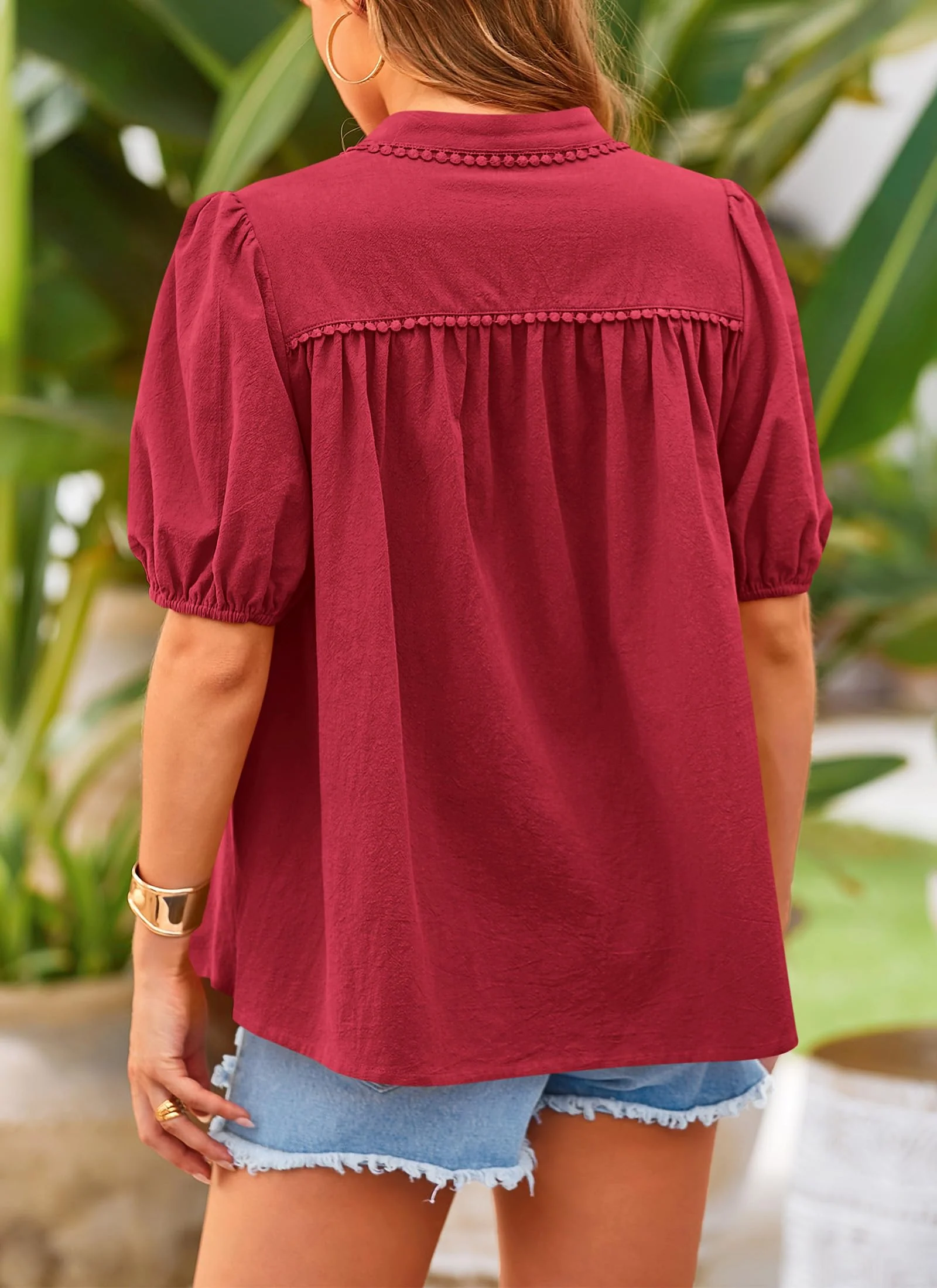 PRETTYGARDEN Women's Summer Tops Button Down Shirts Short Lantern Sleeve V Neck Cotton Cute Dressy Casual Blouses - Image 28