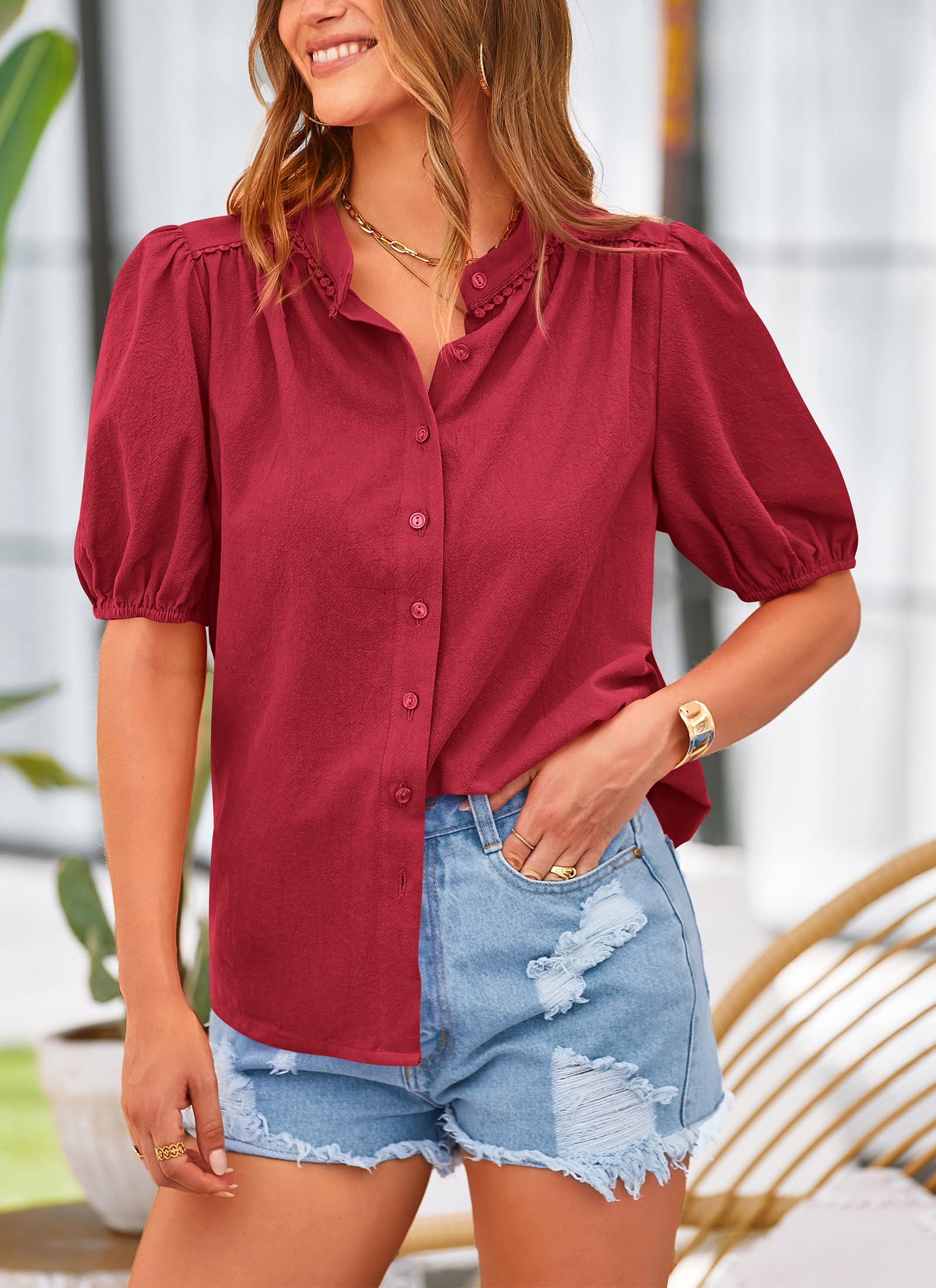 PRETTYGARDEN Women's Summer Tops Button Down Shirts Short Lantern Sleeve V Neck Cotton Cute Dressy Casual Blouses - Image 29