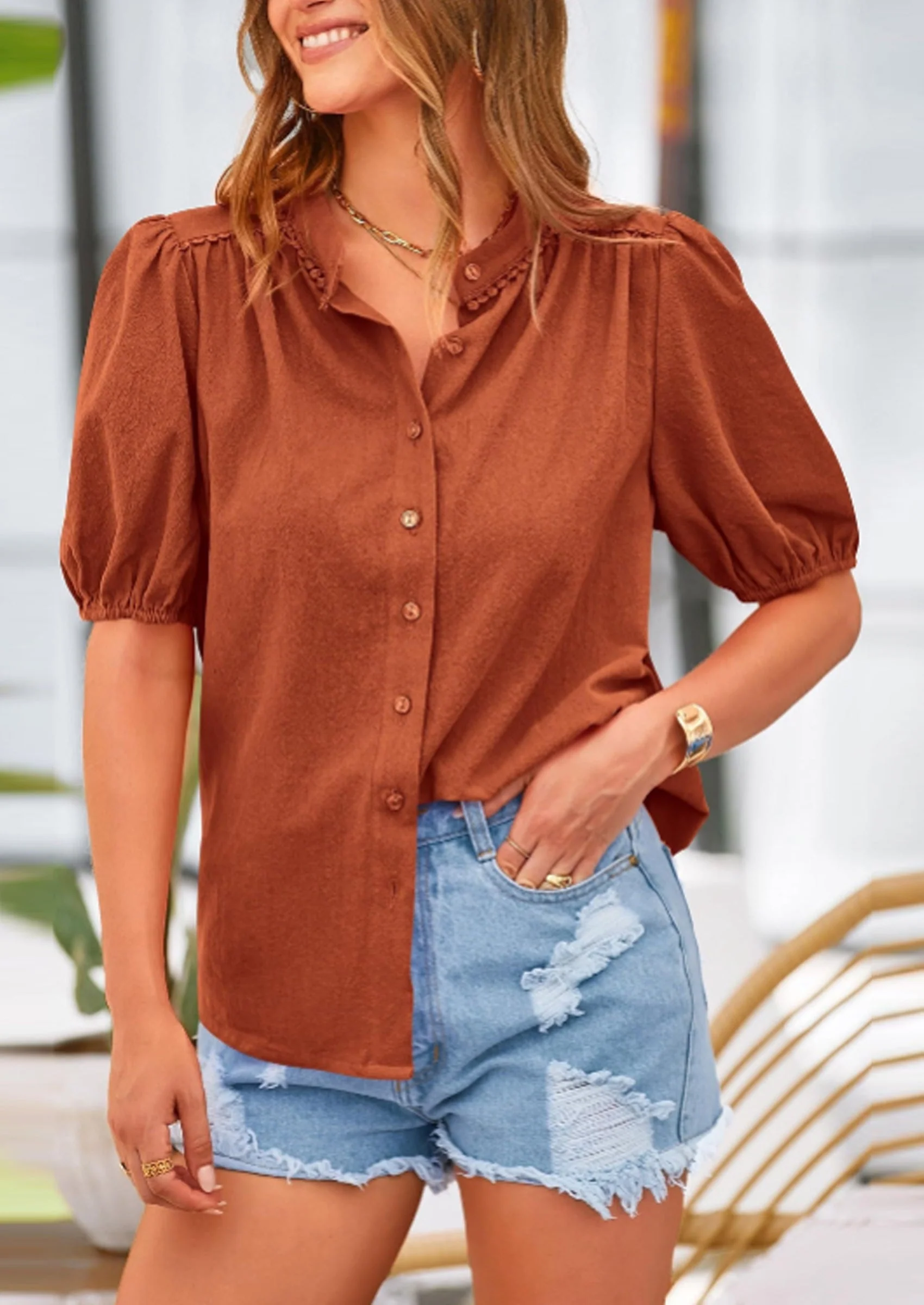 PRETTYGARDEN Women's Summer Tops Button Down Shirts Short Lantern Sleeve V Neck Cotton Cute Dressy Casual Blouses - Image 3