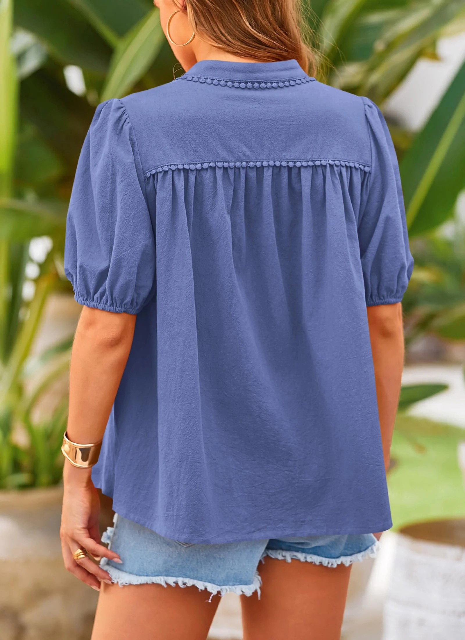 PRETTYGARDEN Women's Summer Tops Button Down Shirts Short Lantern Sleeve V Neck Cotton Cute Dressy Casual Blouses - Image 35