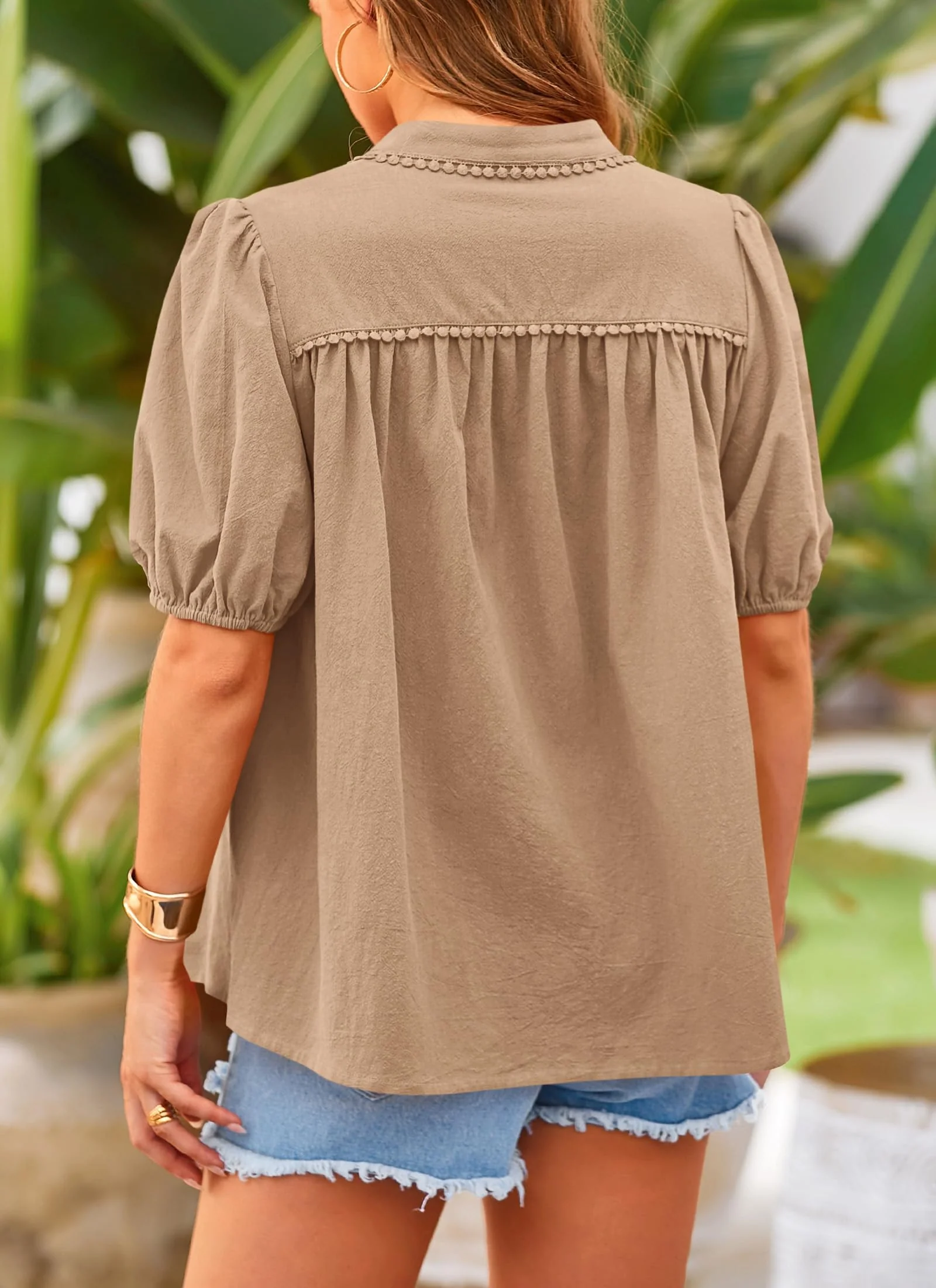 PRETTYGARDEN Women's Summer Tops Button Down Shirts Short Lantern Sleeve V Neck Cotton Cute Dressy Casual Blouses - Image 41