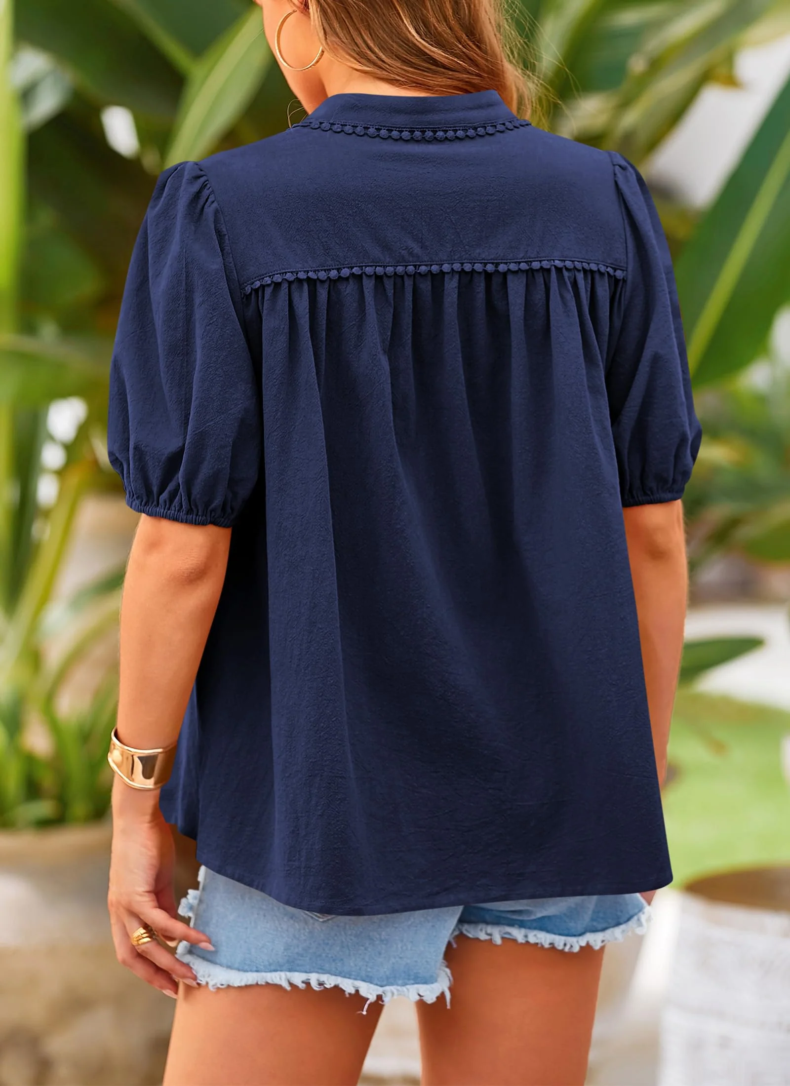 PRETTYGARDEN Women's Summer Tops Button Down Shirts Short Lantern Sleeve V Neck Cotton Cute Dressy Casual Blouses - Image 54