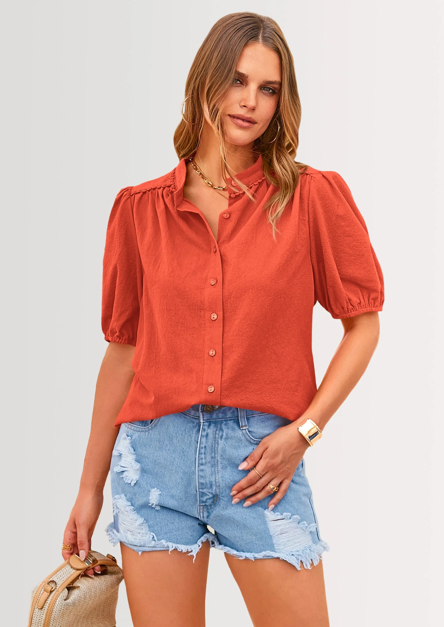 PRETTYGARDEN Women's Summer Tops Button Down Shirts Short Lantern Sleeve V Neck Cotton Cute Dressy Casual Blouses - Image 60