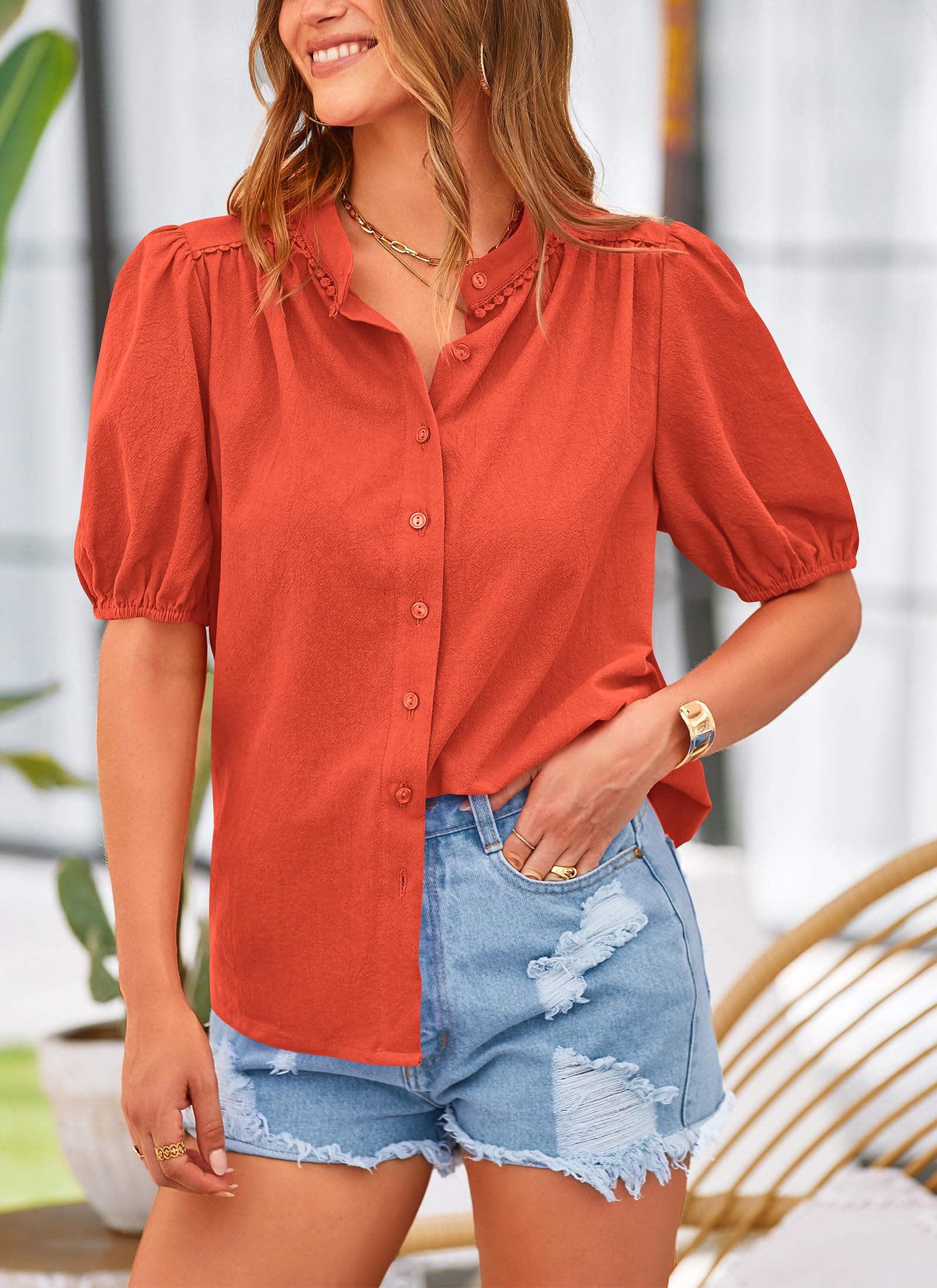 PRETTYGARDEN Women's Summer Tops Button Down Shirts Short Lantern Sleeve V Neck Cotton Cute Dressy Casual Blouses - Image 62