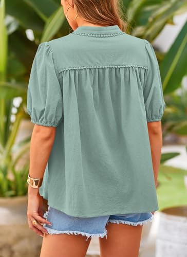 PRETTYGARDEN Women's Summer Tops Button Down Shirts Short Lantern Sleeve V Neck Cotton Cute Dressy Casual Blouses - Image 83
