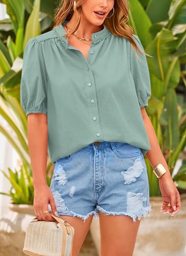 PRETTYGARDEN Women's Summer Tops Button Down Shirts Short Lantern Sleeve V Neck Cotton Cute Dressy Casual Blouses - Image 84