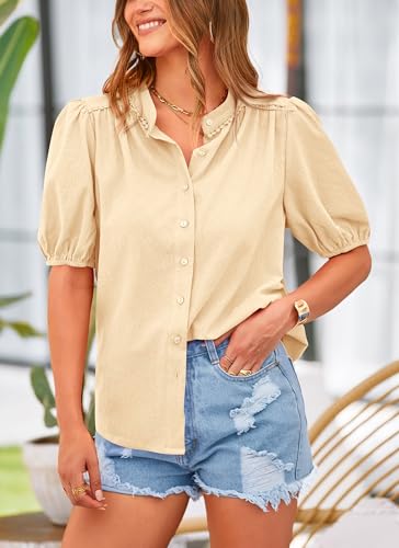 PRETTYGARDEN Women's Summer Tops Button Down Shirts Short Lantern Sleeve V Neck Cotton Cute Dressy Casual Blouses - Image 88